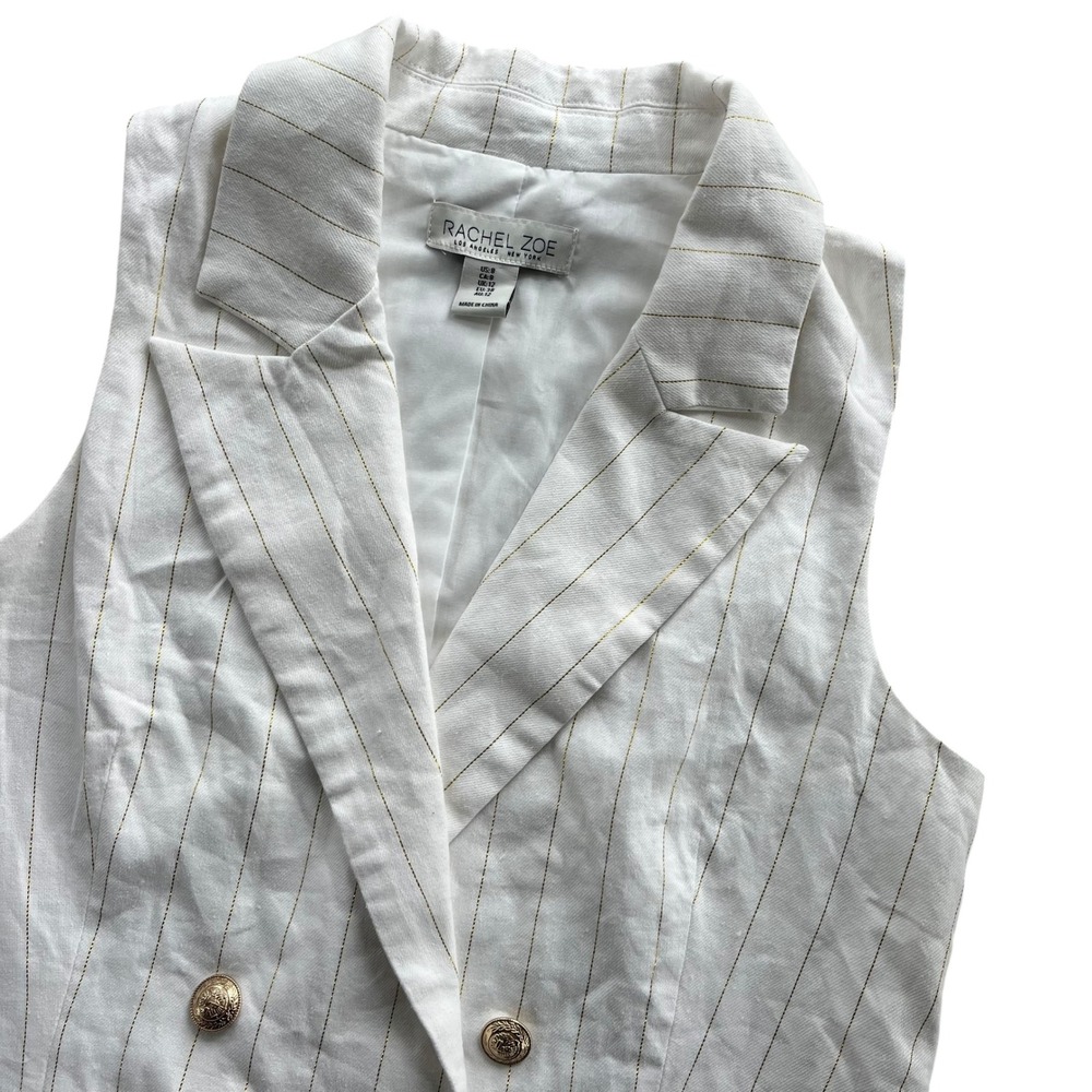 Rachel Zoe Women 8 White Gold Pinstripe Linen Bl Double Breasted Sleeveless Vest